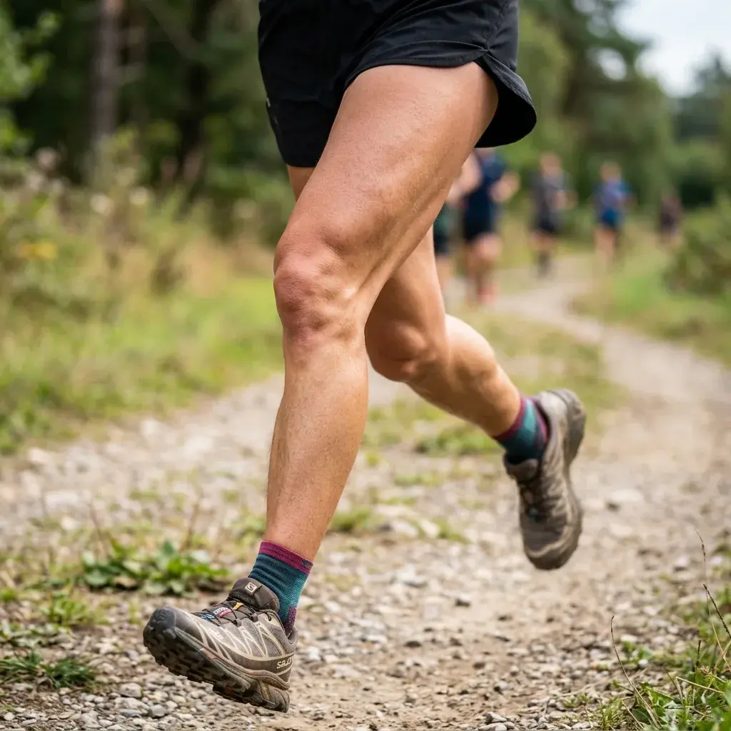 Corridore in mezzo alla falcata con focus sul ginocchio laterale