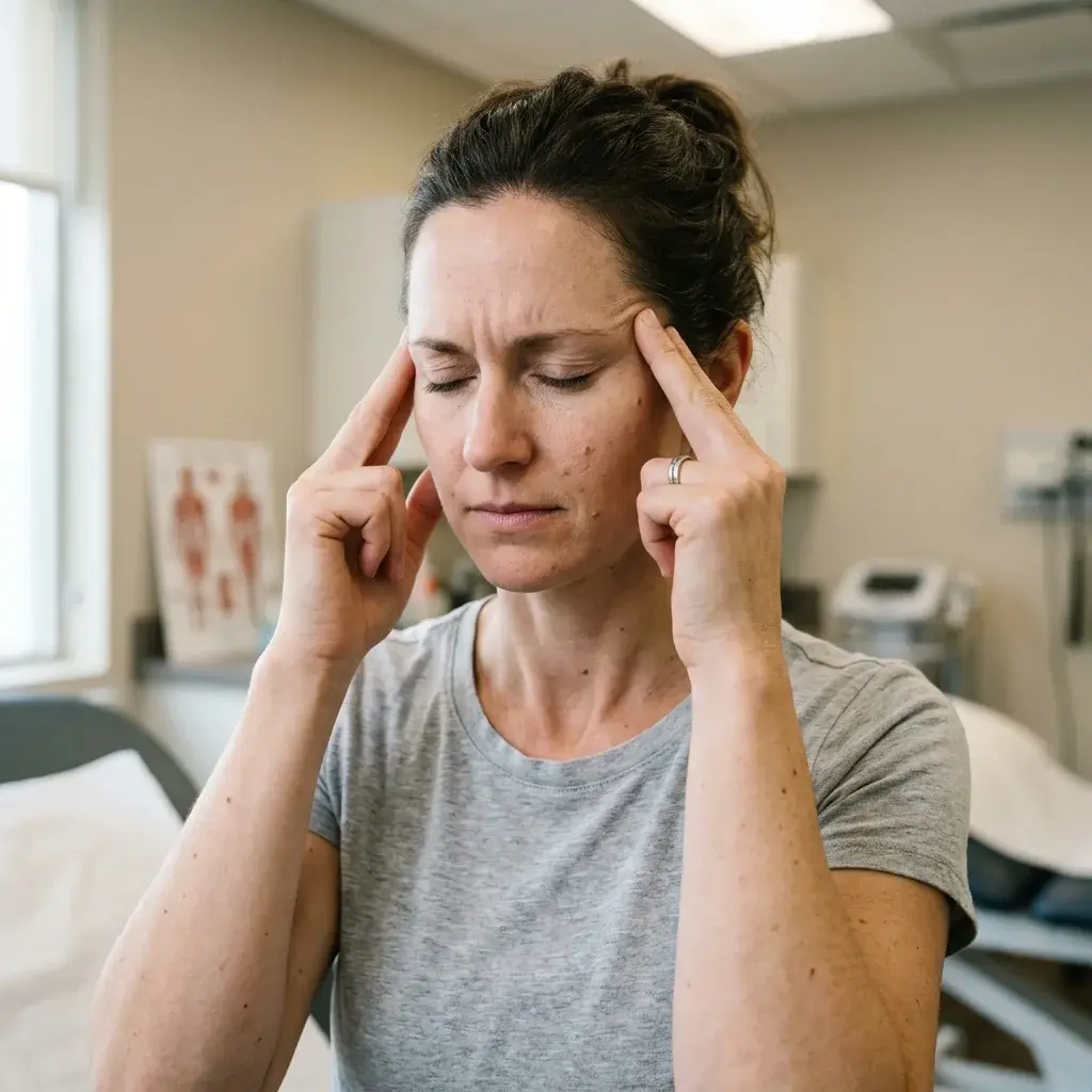 Persona che si preme le tempie per il dolore con un'anatomia luminosa dei nervi suboccipitali evidenziata