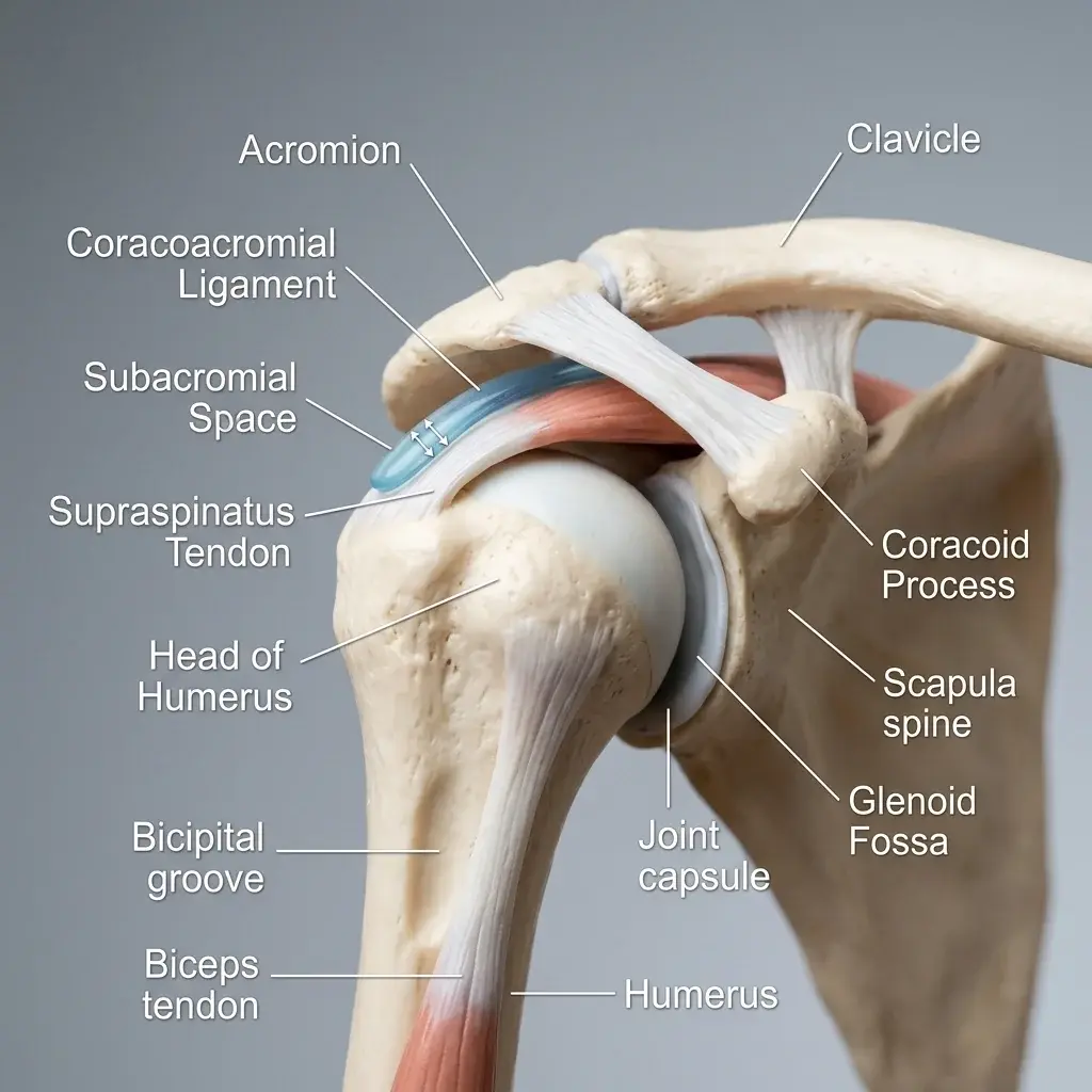 Dettaglio anatomico tridimensionale della spalla, che mostra il conflitto e la compressione del tendine sotto l'acromion