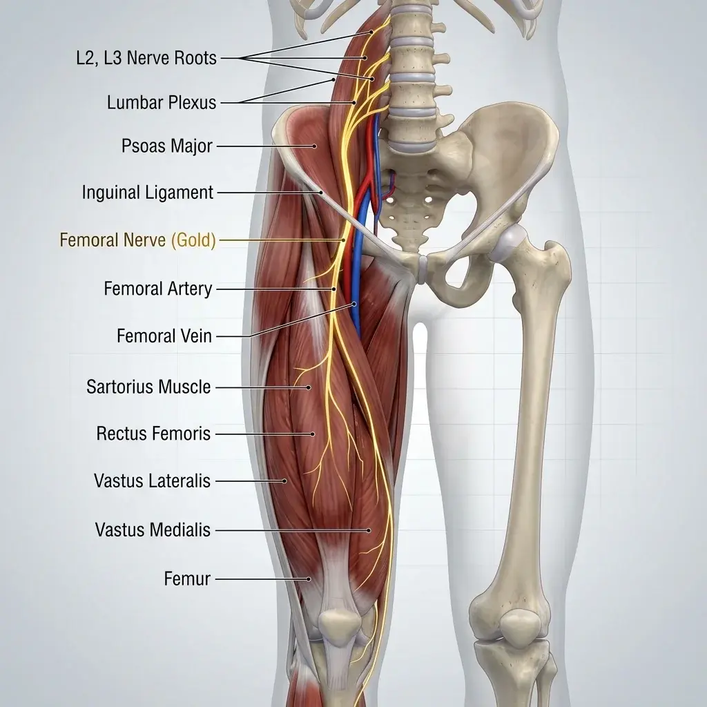 Profilo anatomico tridimensionale che mostra il percorso del nervo femorale lungo la parte anteriore della coscia