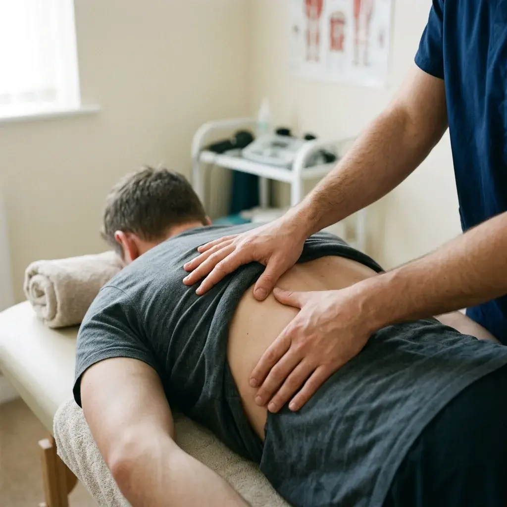 Primo piano di un osteopata che mobilizza dolcemente un'articolazione costovertebrale sulla schiena di un paziente
