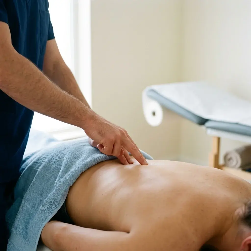 Dita dell'osteopata che valutano la mobilità e la simmetria dei processi spinosi della colonna toracica