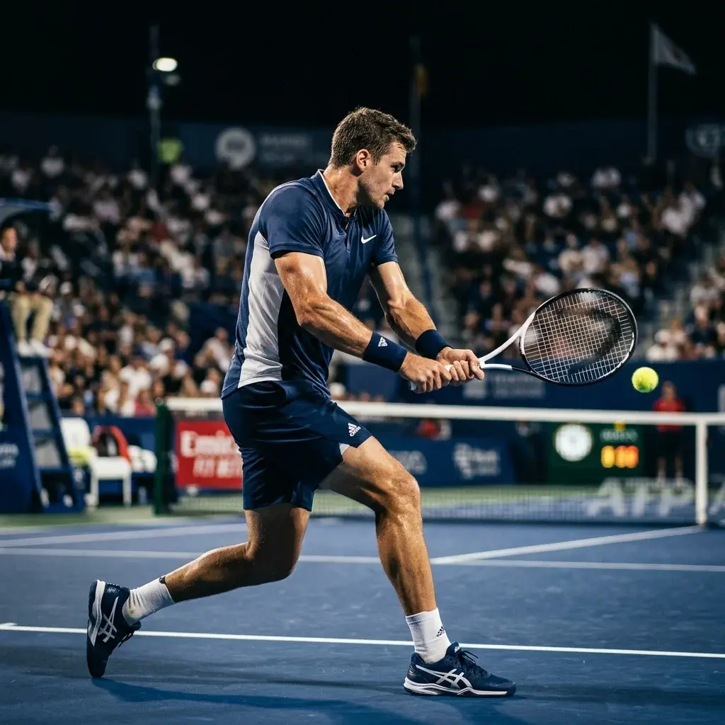 Giocatore di tennis in azione durante un colpo di rovescio, con focus sull'articolazione del gomito e le linee biomeccaniche