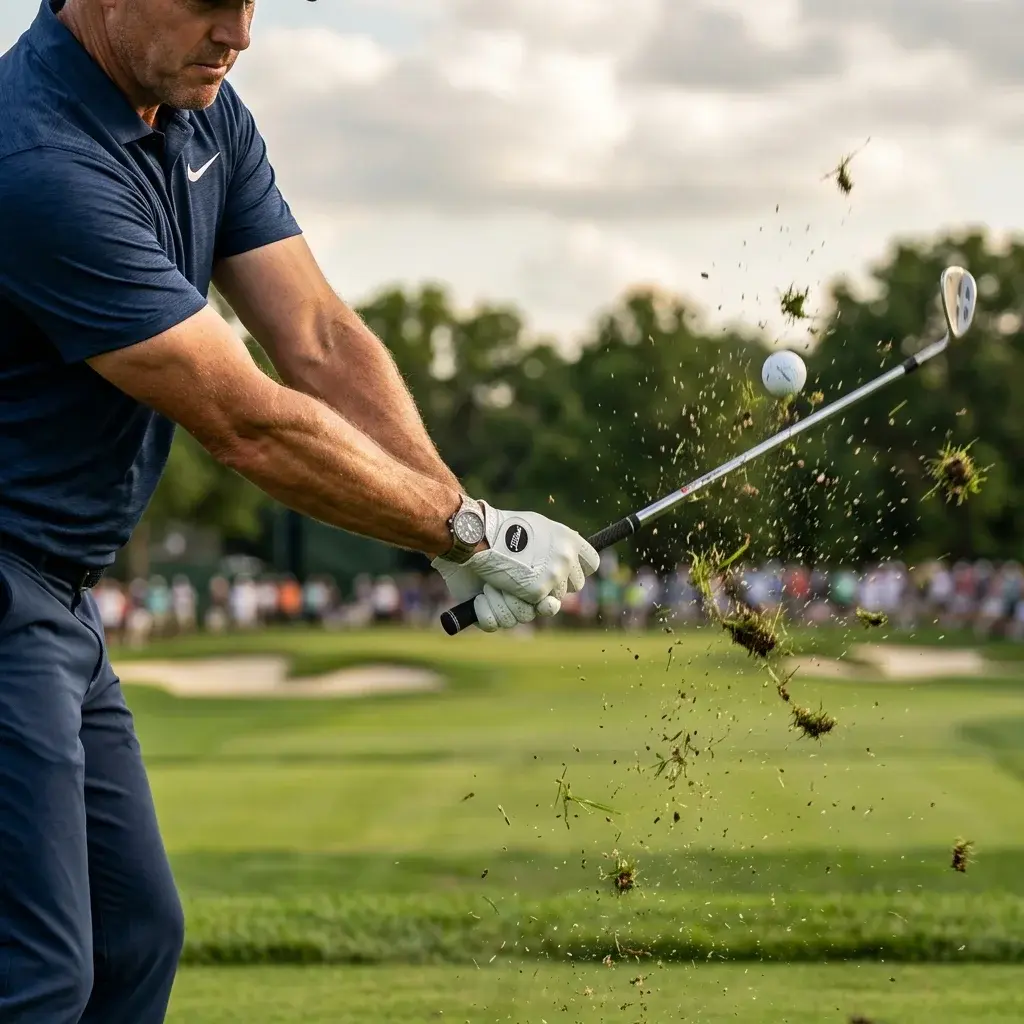 Dettaglio ravvicinato di uno swing da golf, che evidenzia il gomito con una linea di forza biomeccanica