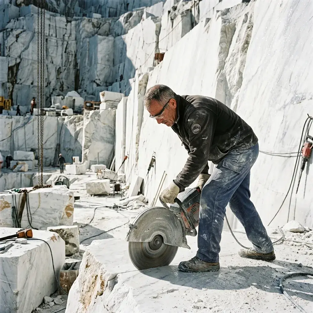 Lavoratore del marmo a Carrara in postura di taglio