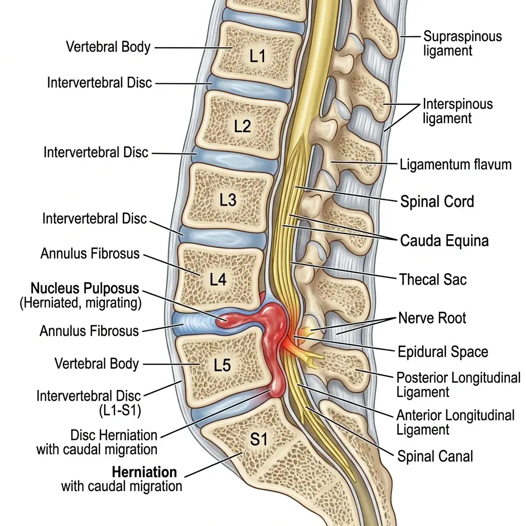 Illustrazione anatomica di un'ernia discale espulsa e migrata verso il basso nel canale spinale