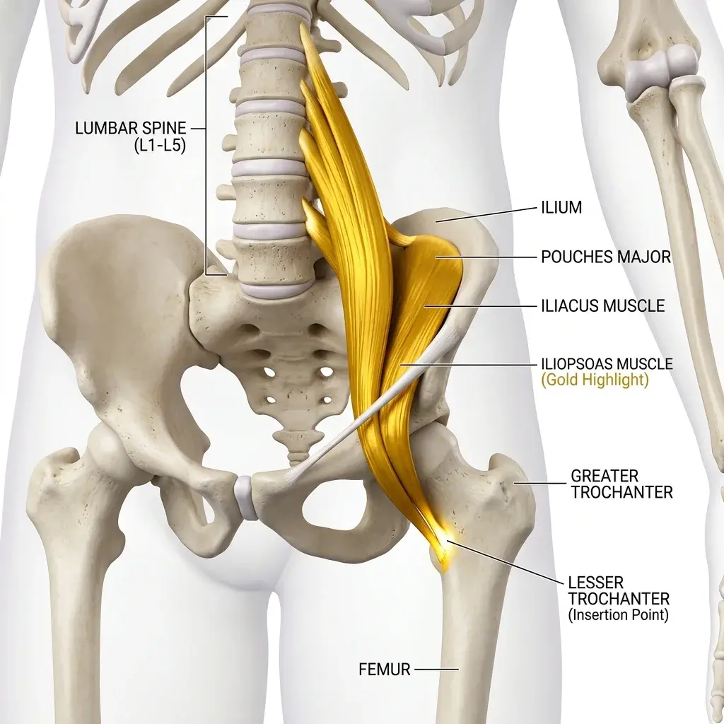 Rendering anatomico dettagliato del muscolo ileopsoas e la sua connessione tra colonna lombare e femore