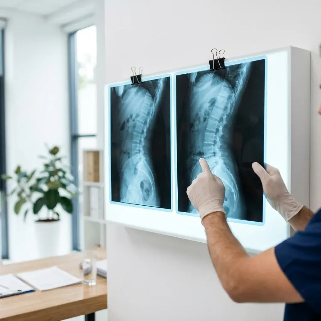 Radiografie dinamiche in flessione ed estensione laterale del tratto lombare esposte su un negatoscopio clinico