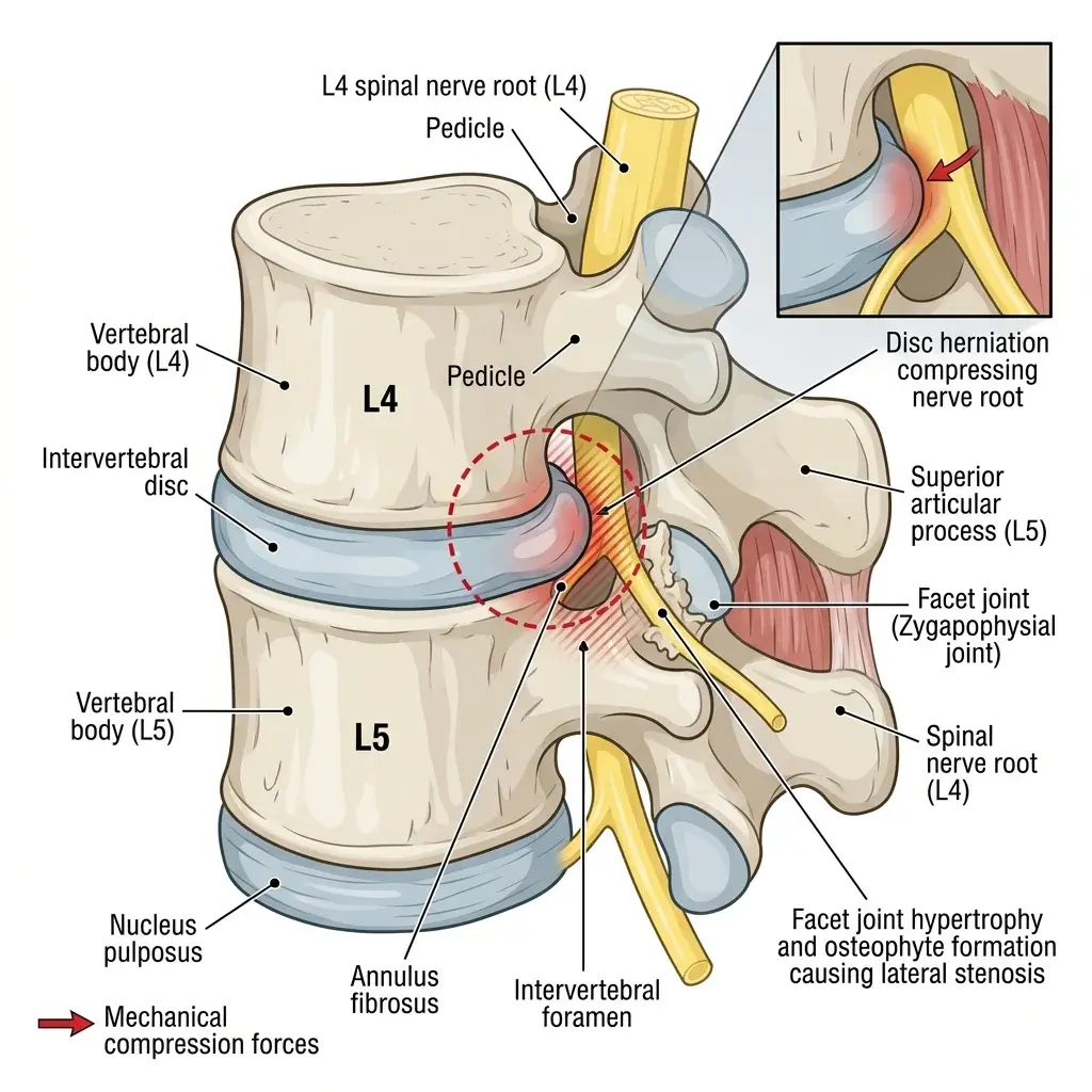 Visualizzazione anatomica di una radice nervosa spinale compressa all'uscita del forame intervertebrale