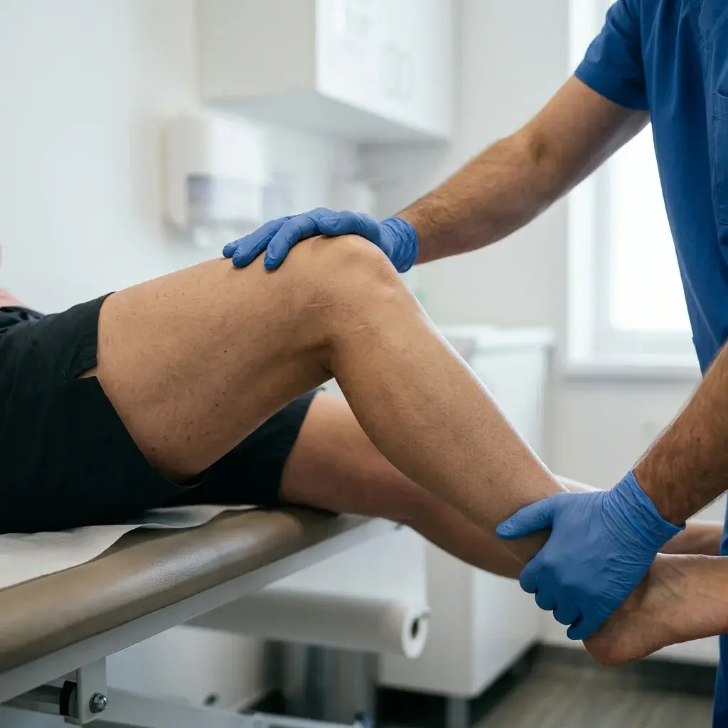 Vista clinica di un ginocchio sottoposto a stress in valgo con le mani dell'osteopata che stabilizzano la coscia del paziente
