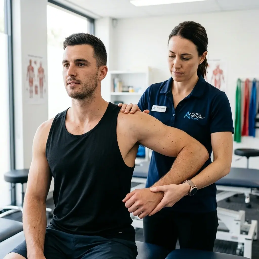 Valutazione osteopatica della spalla, con il terapeuta che testa la rotazione esterna passiva del braccio di un atleta
