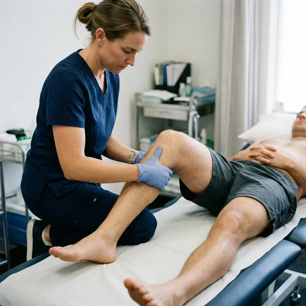 Fisioterapista o osteopata che esegue il test del cassetto anteriore per valutare l'instabilità del legamento crociato anteriore su un lettino clinico