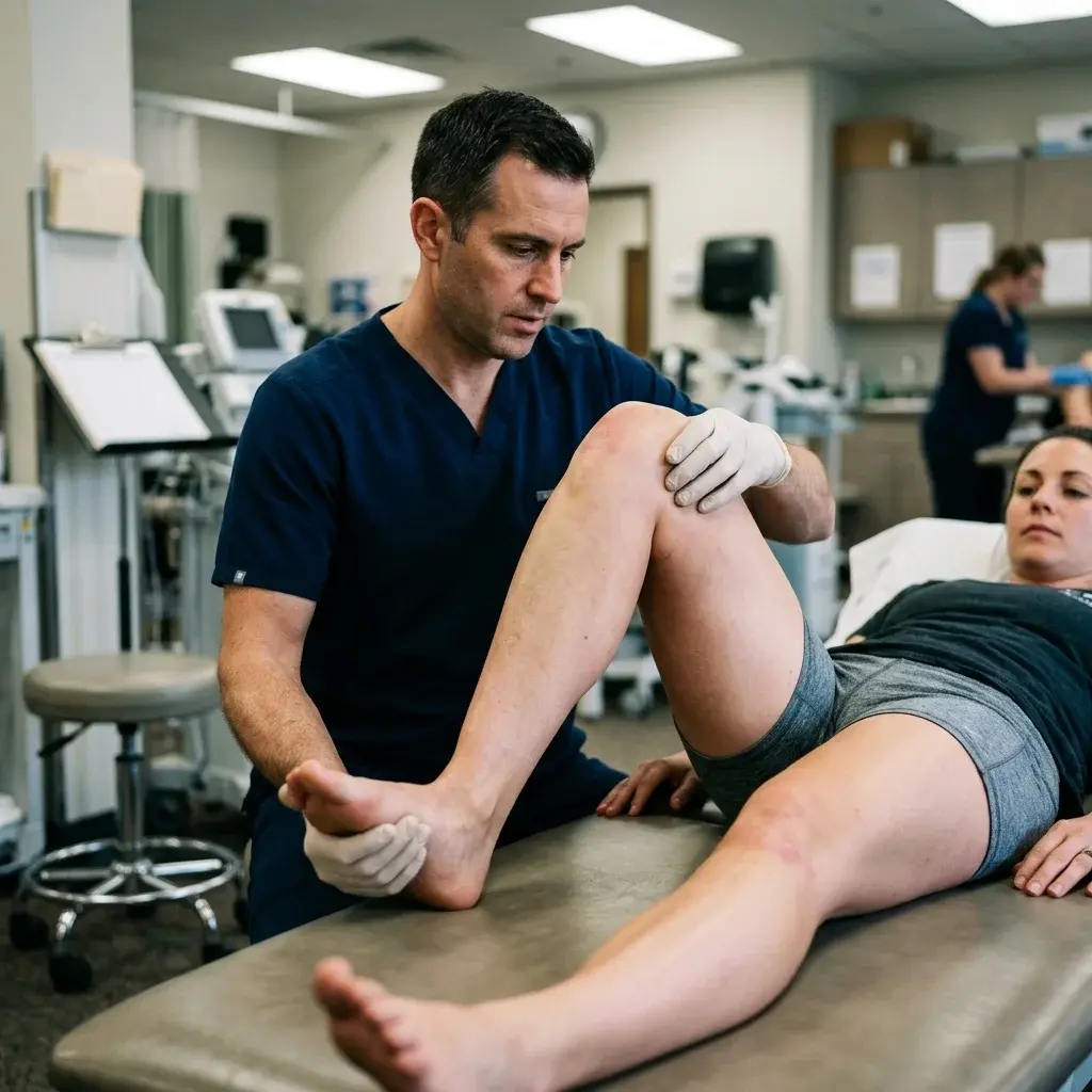 Valutazione osteopatica del ginocchio con test di McMurray eseguito su un paziente supino
