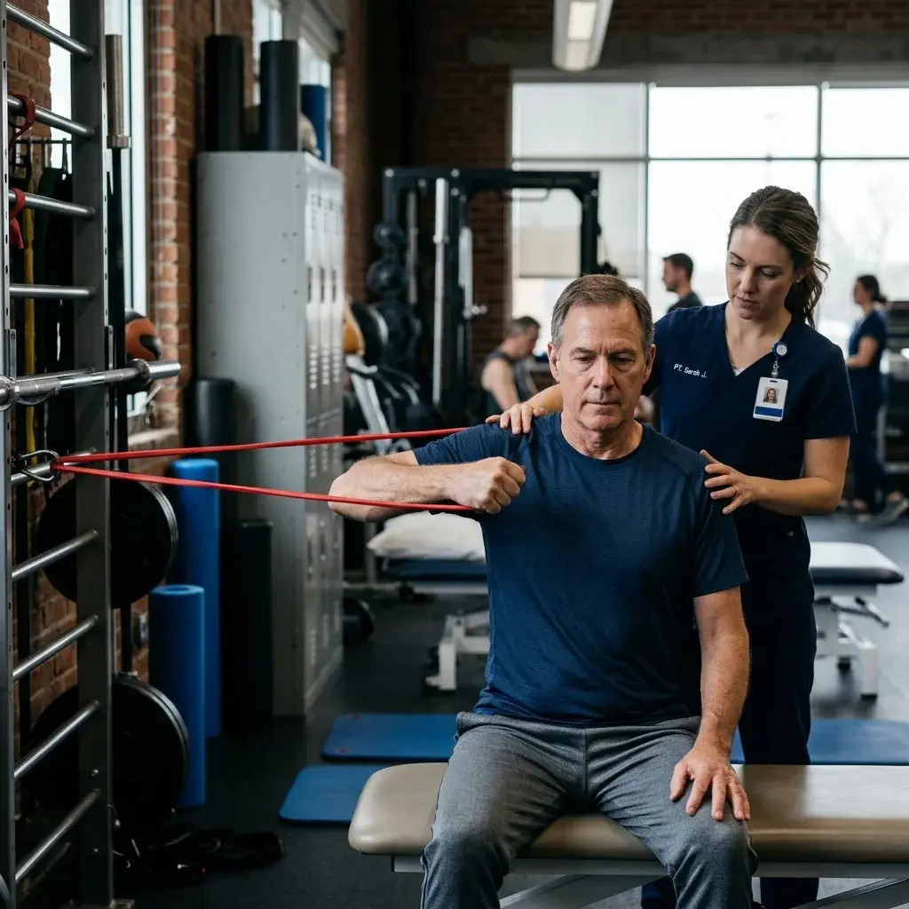 Paziente in palestra clinica che esegue esercizi di stabilità con banda elastica per la spalla