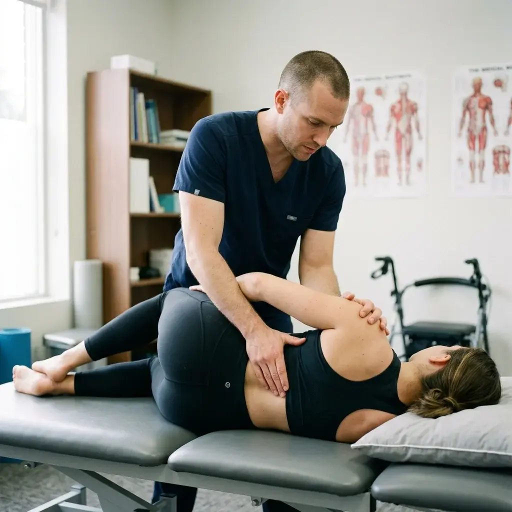 Fase di posizionamento per una manipolazione lombare (lumbar roll) eseguita da un osteopata professionista