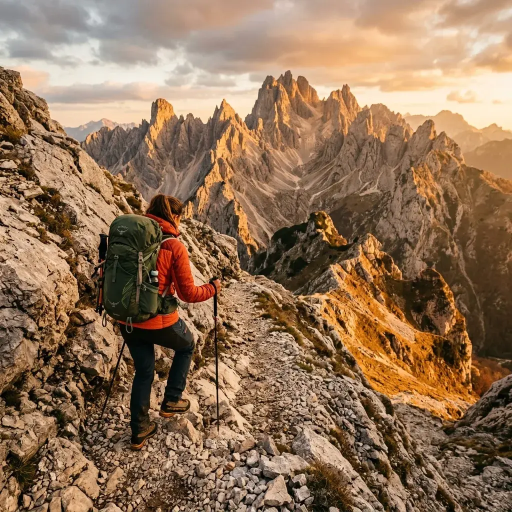 Escursionista sulle vette delle Alpi Apuane al tramonto