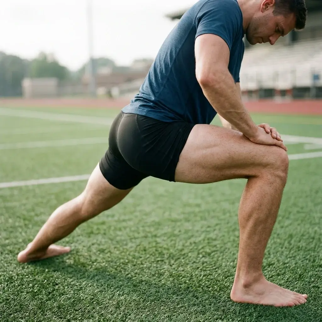 Atleta che allunga i muscoli adduttori su un campo sportivo, con focus sul bacino e le linee di tensione biomeccanica