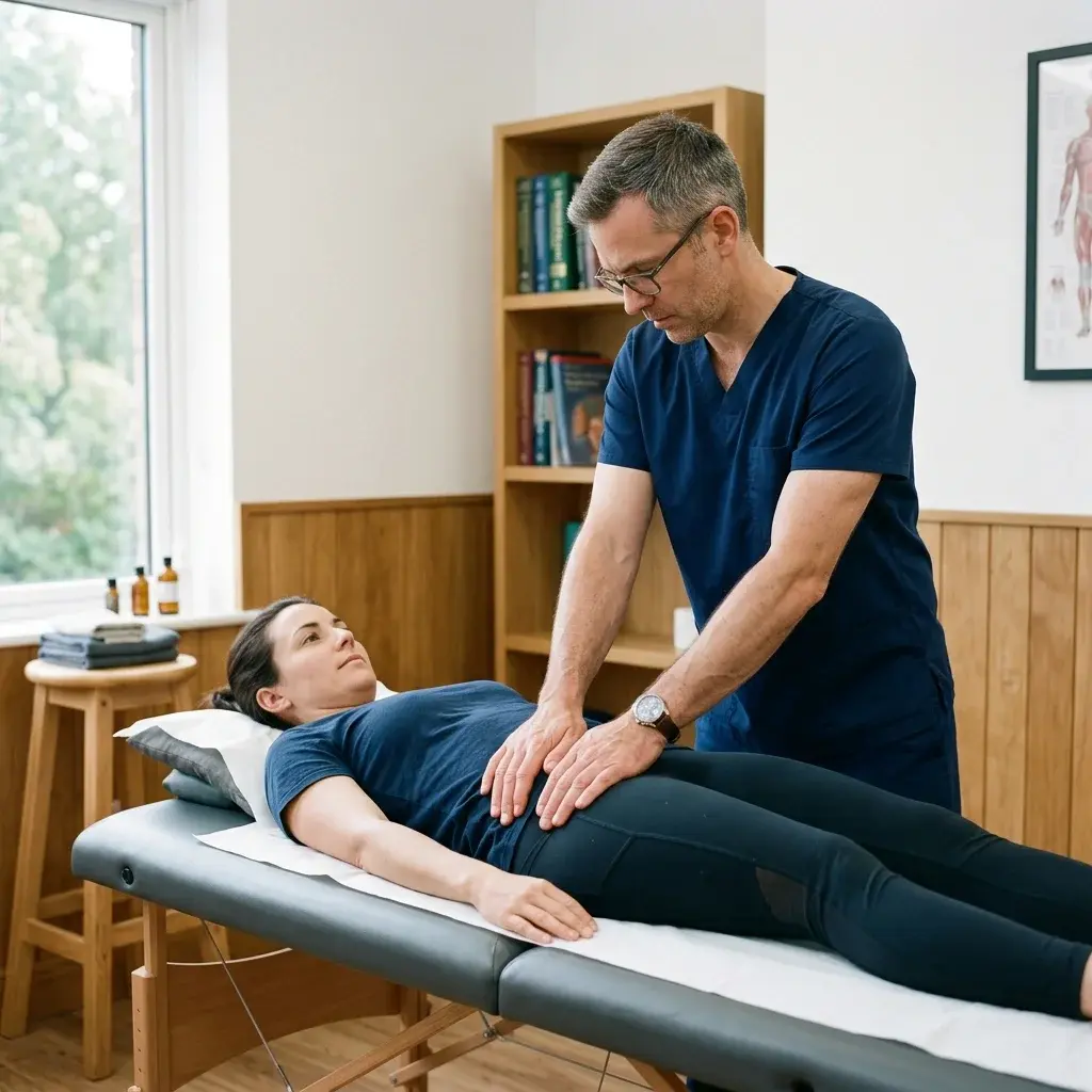 Pressione dell'osteopata sull'articolazione sacroiliaca per valutare la sacroileite