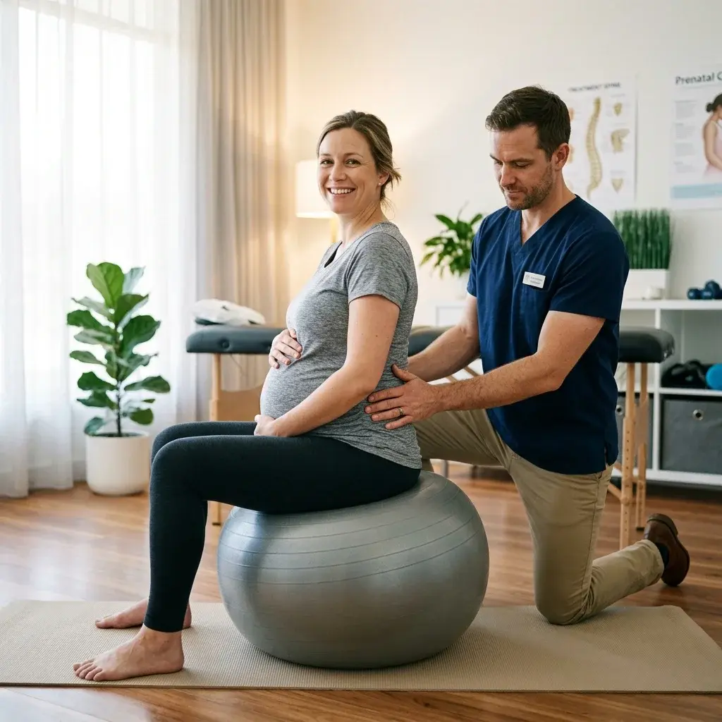 Donna in gravidanza seduta su una palla da ginnastica, sorridente mentre l'osteopata sostiene dolcemente la sua postura lombare