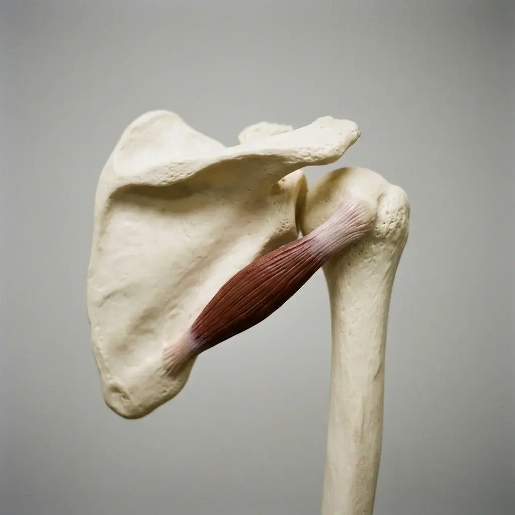 Modello anatomico tridimensionale della scapola che mostra l'inserzione del muscolo piccolo rotondo