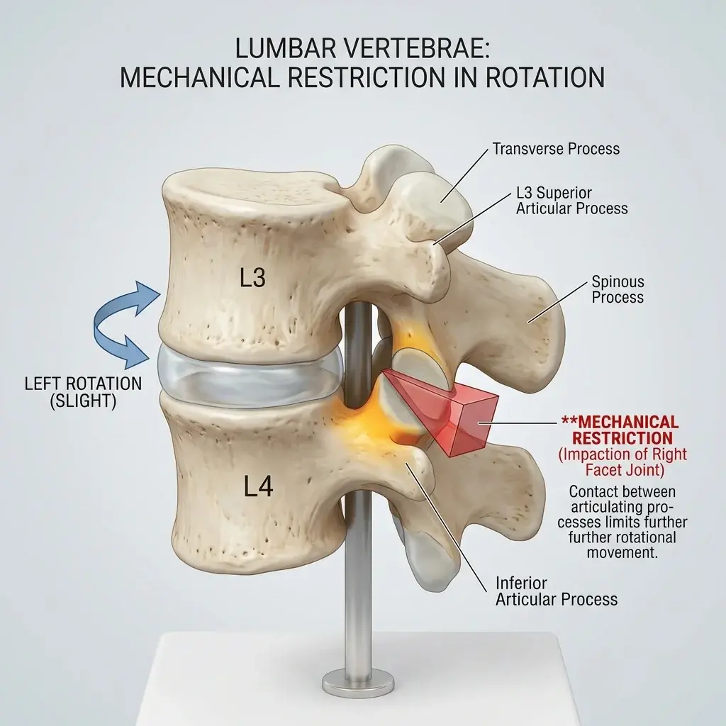 Dettaglio anatomico tridimensionale di due vertebre lombari in rotazione che mostra il blocco meccanico faccettale