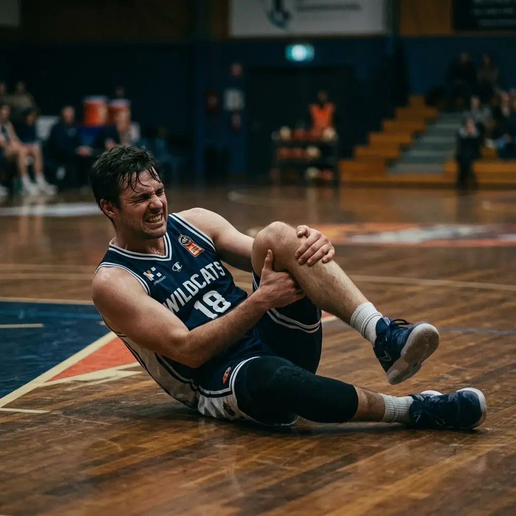 Giocatore di basket che si afferra il ginocchio dolorante dopo l'atterraggio da un salto sul campo da gioco