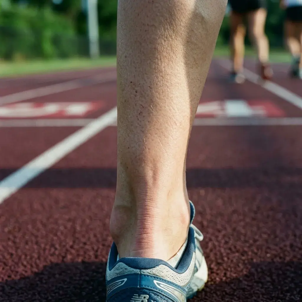 Dettaglio del tendine d'Achille di un runner, con evidente tumefazione e scarpa sportiva in pista di atletica