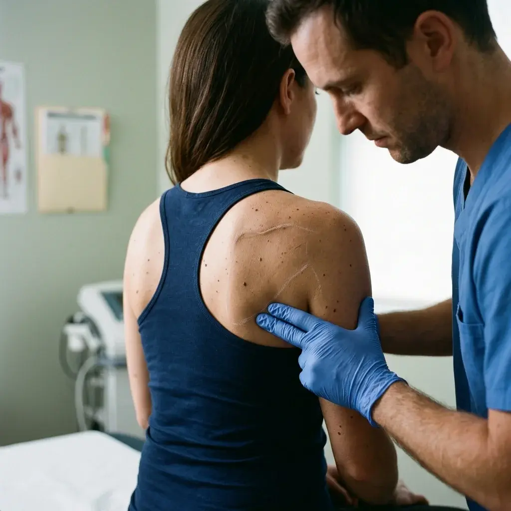 Esame clinico della spalla posteriore con l'osteopata che traccia i confini del muscolo sottospinato