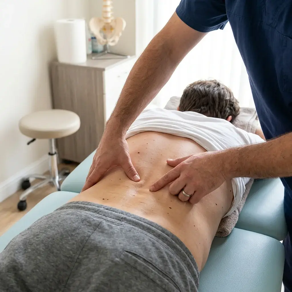 Osteopata che esegue una palpazione profonda dei solchi sacrali su un paziente sdraiato a pancia in giù