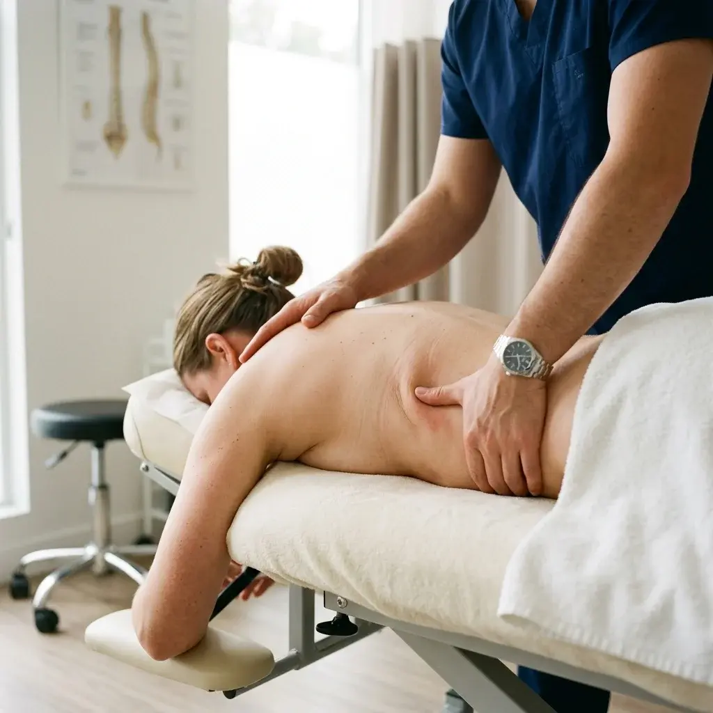 Osteopata che applica una compressione ischemica profonda sul fianco di un paziente sdraiato a pancia in giù