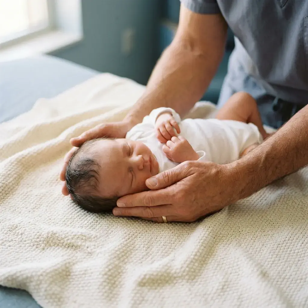 Trattamento osteopatico dolce su un neonato addormentato, mani dell'osteopata a sostegno della testa