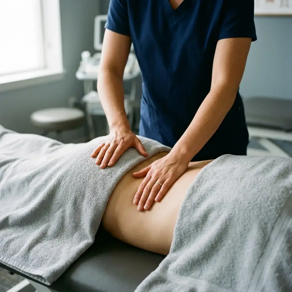 Mani dell'osteopata sulla zona lombare di un paziente disteso sul lettino