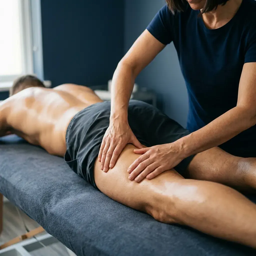 Trattamento osteopatico sulla catena posteriore della coscia di un atleta, sul lettino